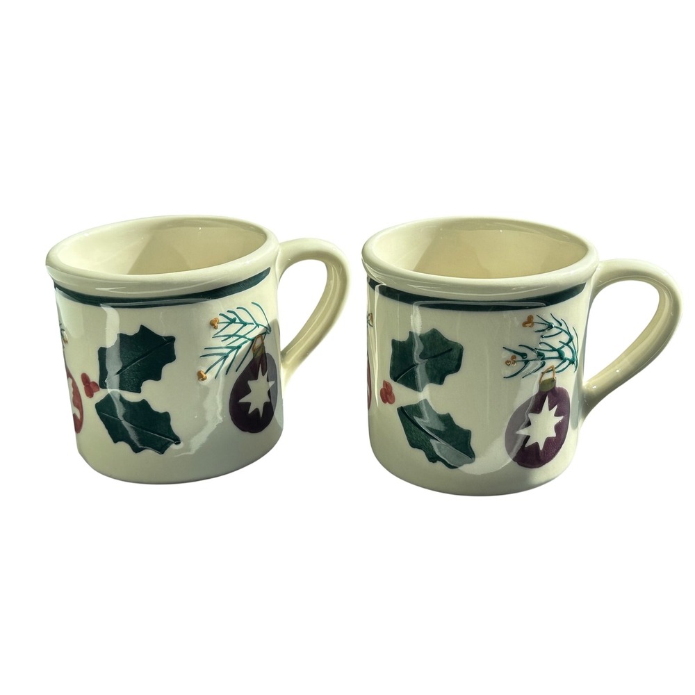 Hartstone, Handpainted Holiday Mugs, Ornaments & Oak Leaves, Set of 2 Christmas